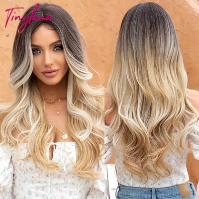 Perruque synthétique longue ondulé avec reflets bruns et dorés